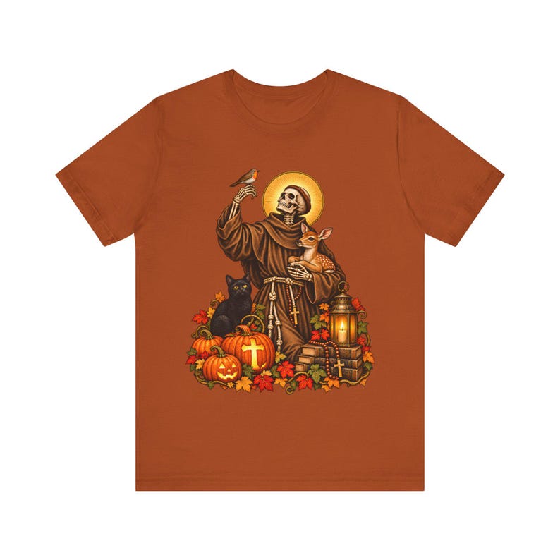 Skeleton St Francis Shirt | Catholic Halloween T-Shirt | Animal Lover Gift | Spooky Saint with Deer and Cat image 9