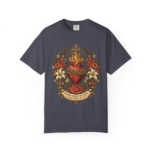 Floral Sacred Heart Tee, Cottagecore Cor Jesu with Wildflowers, Have Mercy Prayer Gift for Mom, Botanical Christian Apparel, Comfort Colors image 7
