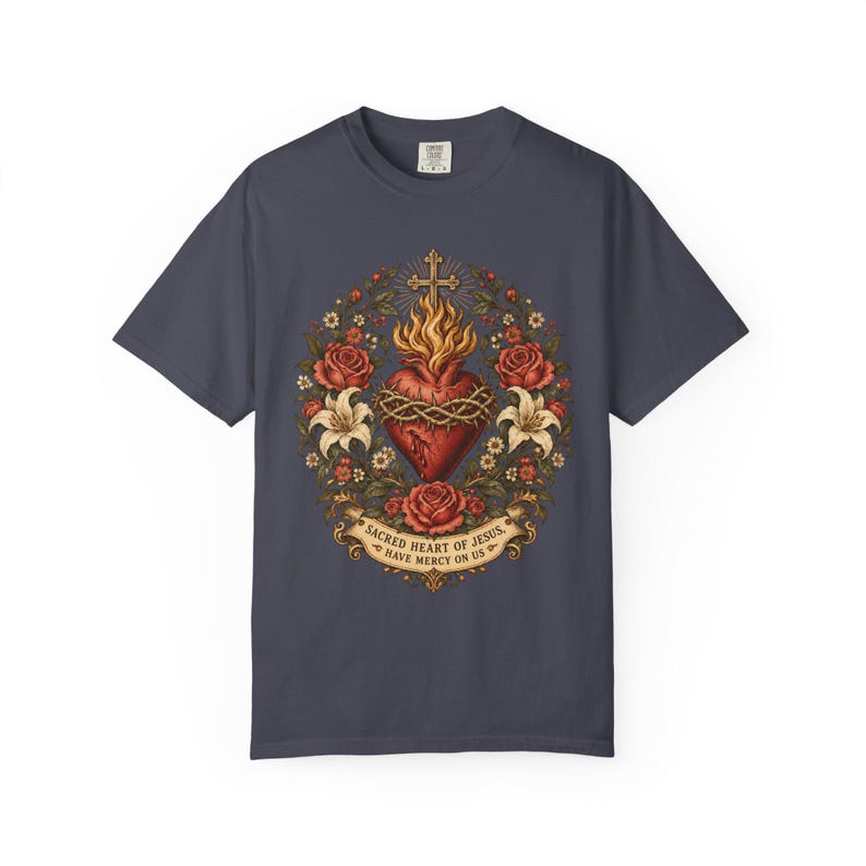 Floral Sacred Heart Tee, Cottagecore Cor Jesu with Wildflowers, Have Mercy Prayer Gift for Mom, Botanical Christian Apparel, Comfort Colors image 7