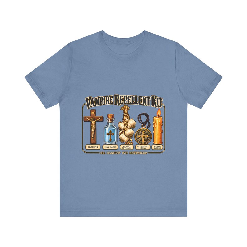 Vampire Repellent Kit Shirt, Funny Catholic Halloween Tee, Crucifix Garlic and St Benedict Medal Art, All Hallows Eve Gift, Bella Canvas Tee image 5