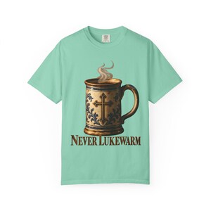Never Lukewarm Comfort Colors Shirt | Christian Coffee T-Shirt | Gift for Coffee Lover | Stoneware Mug with Cross image 3