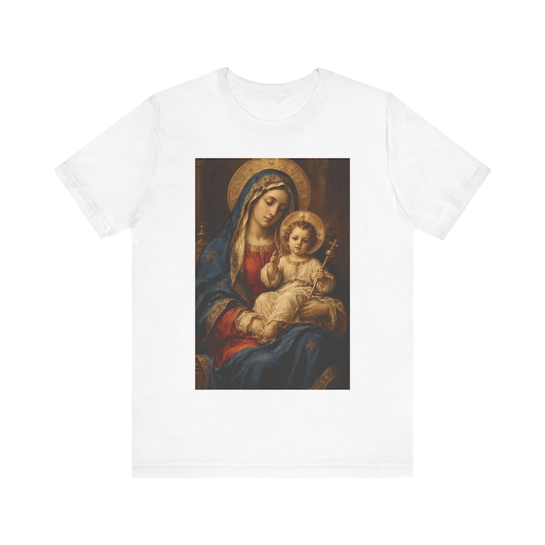 Virgin Mary Shirt, Enthroned Madonna and Child Old Master Painting, Blessed Mother Gift for Mom, Renaissance Catholic Art Tee, Marian Top image 2