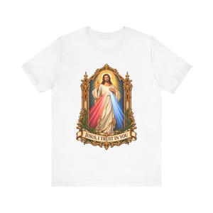 Divine Mercy Shirt, Jesus I Trust in You Tee, Gothic Gold Frame Holy Image, Catholic Gift for Women, St Faustina Easter Octave image 2