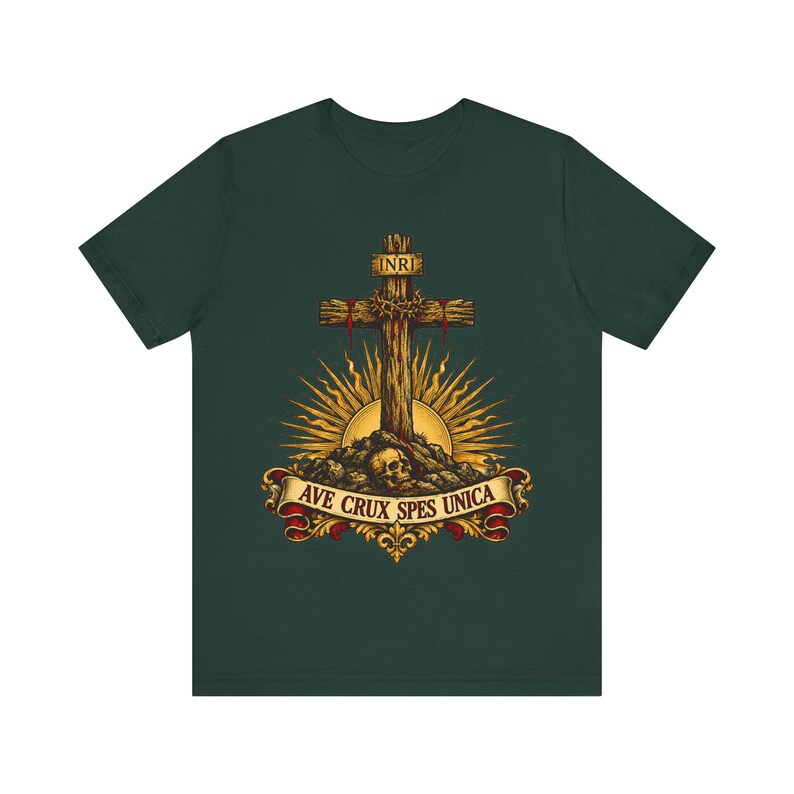 Ave Crux Spes Unica Shirt, Hail the Cross Our Only Hope Tee, Latin Crucifix with INRI, Lenten Gift for Catholic Men, Good Friday Apparel image 4