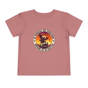Toddler Retro St Michael Badge Tee, Defend Us in Battle Shirt, Catholic Gift for Toddlers, Archangel Slaying Dragon Sunset image 2