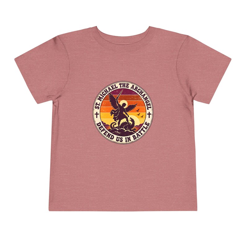 Toddler Retro St Michael Badge Tee, Defend Us in Battle Shirt, Catholic Gift for Toddlers, Archangel Slaying Dragon Sunset image 2