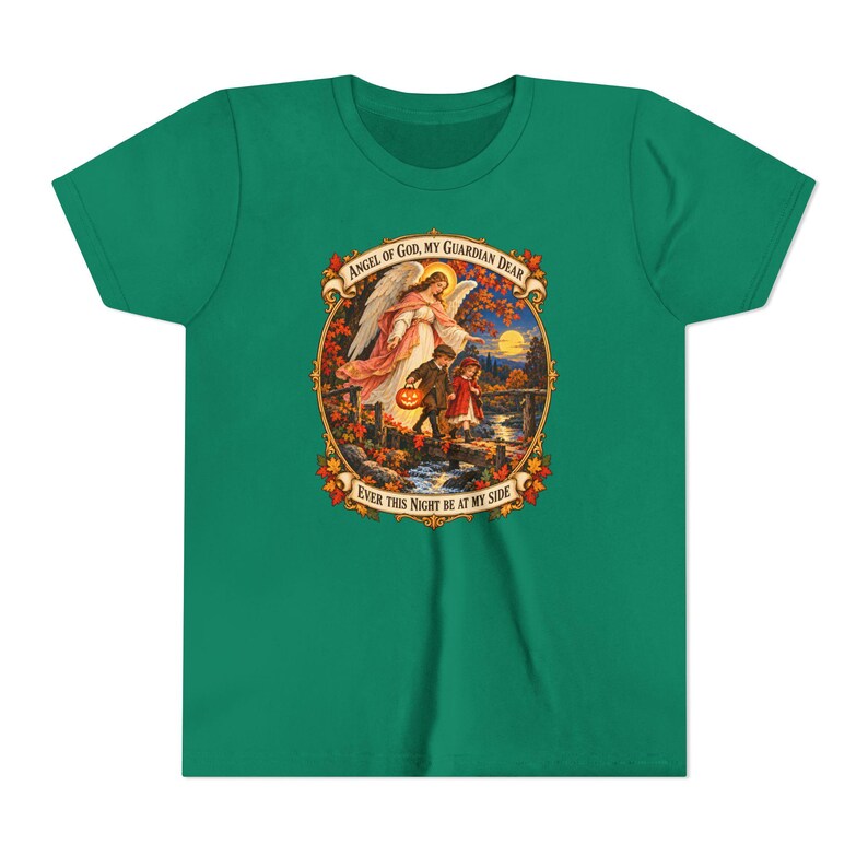Camiseta infantil con la oración del Ángel de Dios, camiseta juvenil del Ángel Guardián, regalo católico para niños "Mi querido Guardián", arte vintage de puente otoñal. imagen 10