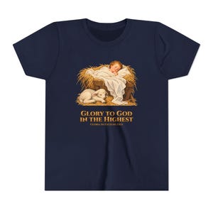 Kids Glory to God in the Highest Shirt, Youth Nativity Christmas Tee, Catholic Christmas Gift for Kids, Baby Jesus in the Manger image 17