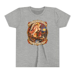 Camiseta infantil con la oración del Ángel de Dios, camiseta juvenil del Ángel Guardián, regalo católico para niños "Mi querido Guardián", arte vintage de puente otoñal. imagen 12