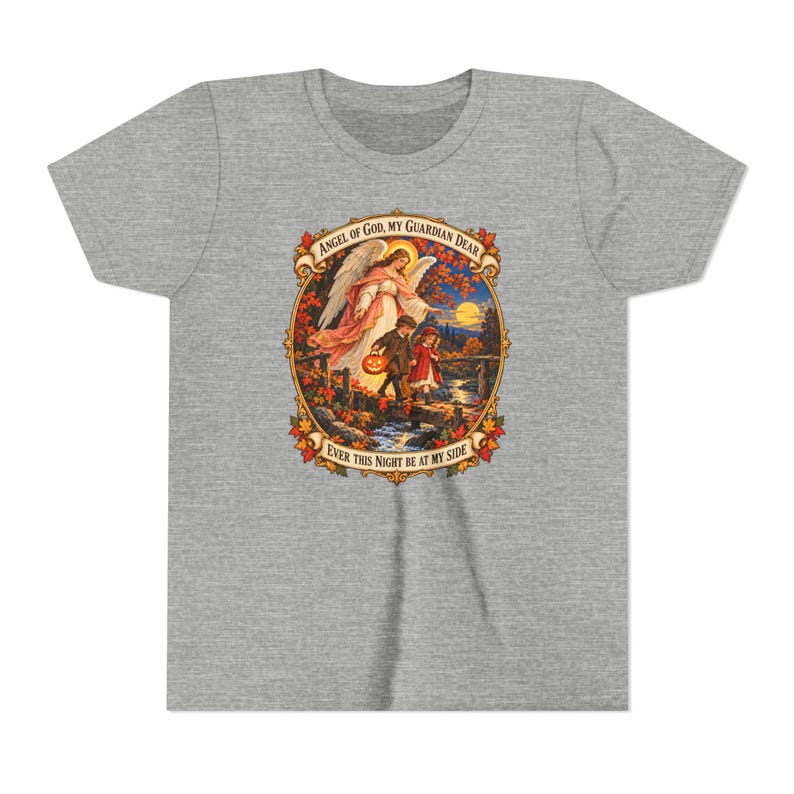 Camiseta infantil con la oración del Ángel de Dios, camiseta juvenil del Ángel Guardián, regalo católico para niños "Mi querido Guardián", arte vintage de puente otoñal. imagen 12