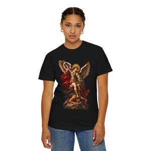 Archangel Michael Tee, Triumphant Angel Crushing the Devil, Warrior Prayer Gift for Dad, Godson or Husband, Comfort Colors image 8