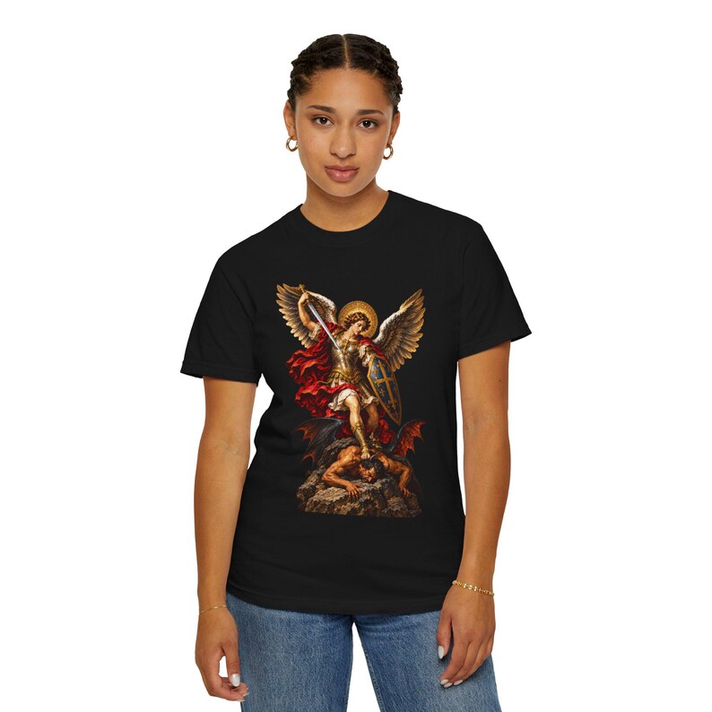 Archangel Michael Tee, Triumphant Angel Crushing the Devil, Warrior Prayer Gift for Dad, Godson or Husband, Comfort Colors image 8