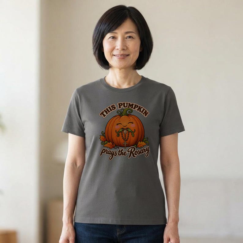 Catholic Halloween Shirt | This Pumpkin Prays the Rosary T-Shirt | Fall Gift for Mom or Teacher | All Saints Day image 1