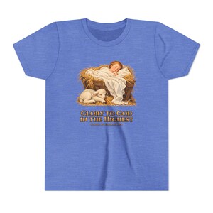 Kids Glory to God in the Highest Shirt, Youth Nativity Christmas Tee, Catholic Christmas Gift for Kids, Baby Jesus in the Manger image 12