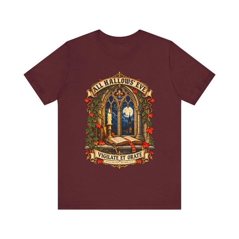 Maglietta di Ognissanti / Maglietta cattolica di Halloween / Regalo gotico / Vigilate et Orate, Finestra della chiesa illuminata dalla luna immagine 10