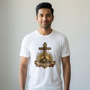 Ave Crux Spes Unica Shirt, Hail the Cross Our Only Hope Tee, Latin Crucifix with INRI, Lenten Gift for Catholic Men, Good Friday Apparel image 1