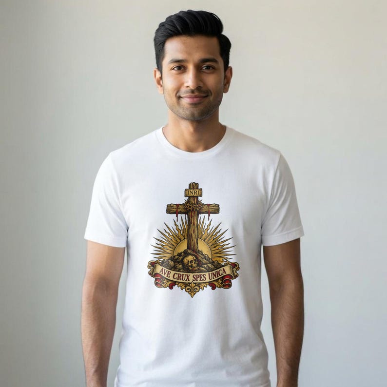 Ave Crux Spes Unica Shirt, Hail the Cross Our Only Hope Tee, Latin Crucifix with INRI, Lenten Gift for Catholic Men, Good Friday Apparel image 1