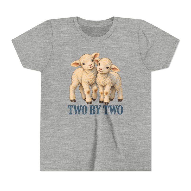 Kinder T-shirt 'Twee aan Twee', T-shirt voor jongeren met afbeelding van een tweelinglammetjes, Christelijk cadeau met de ark van Noach voor tweelingen of broers en zussen, Vintage lammetjeskunst afbeelding 6