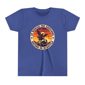 Kids Retro St Michael Badge Shirt, Youth Defend Us in Battle Tee, Catholic Boys Gift, Archangel Slaying Dragon Sunset image 15