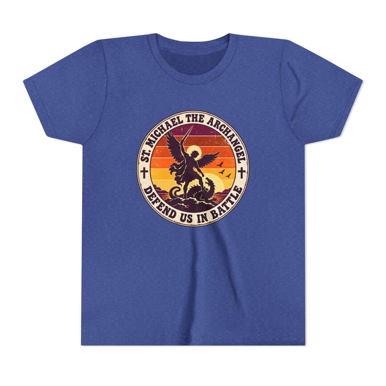 Kids Retro St Michael Badge Shirt, Youth Defend Us in Battle Tee, Catholic Boys Gift, Archangel Slaying Dragon Sunset image 15