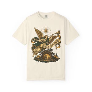 Nativity Angel Tee, Gloria in Excelsis Deo Trumpet, Christian Christmas Gift for Parents, Star of Bethlehem Holy Family Art, Comfort Colors image 2