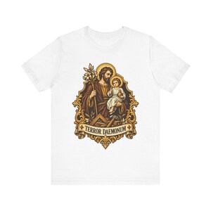 St Joseph Shirt | Catholic T-Shirt | Gift for Dad or Godfather | Terror of Demons with Child Jesus and Lily image 3