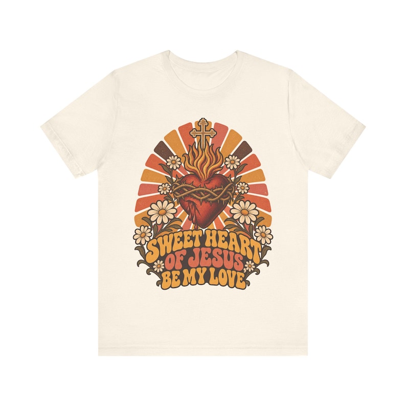 Sacred Heart Shirt, Be My Love Sweet Jesus Retro Tee, Catholic Valentine Gift for Her, Vintage 70s Christian Floral Apparel image 4