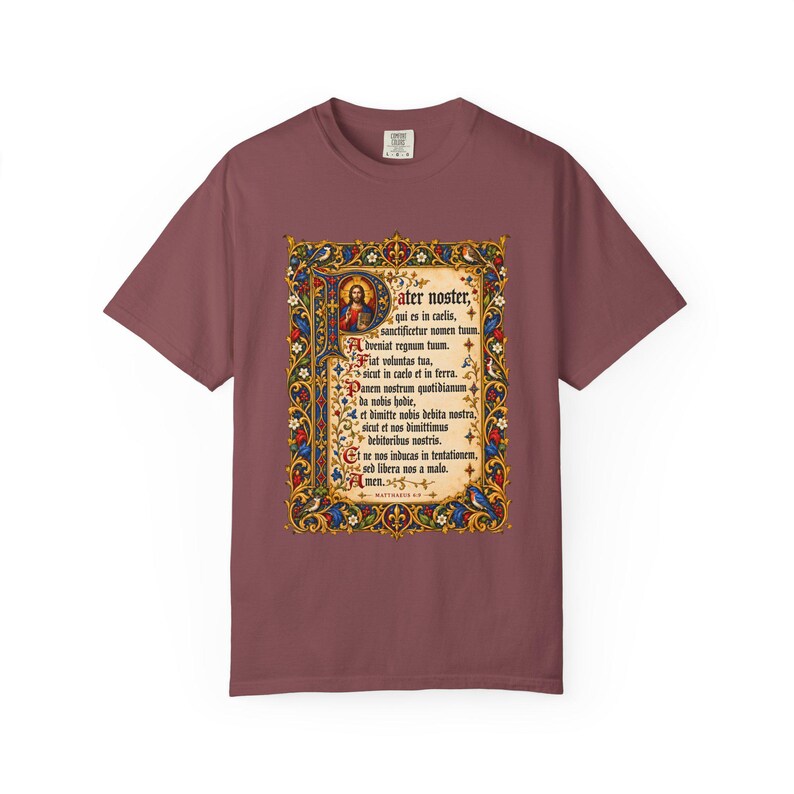 Pater Noster Tee, Latin Our Father Illuminated Manuscript, Lord's Prayer Medieval Christian Shirt, Traditional Catholic Gift, Comfort Colors image 2