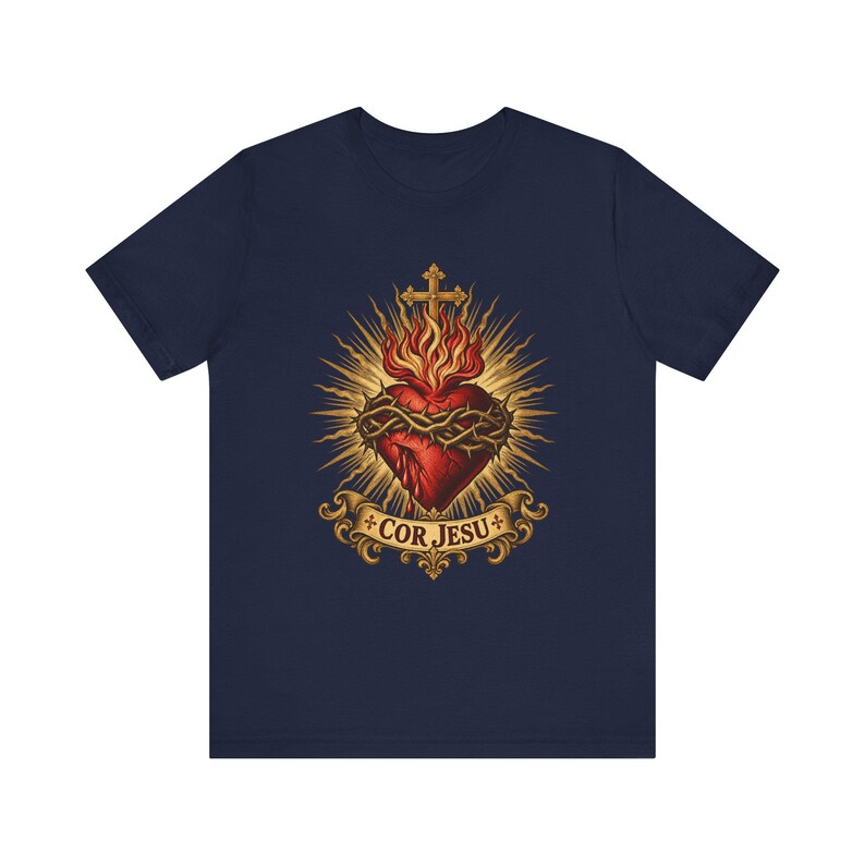 T-Shirt mit Herz-Jesu-Motiv | Katholisches T-Shirt | Geschenkidee für Männer am ersten Freitag im Monat | Goldene Sonnenstrahlen, Herz Jesu Bild 6