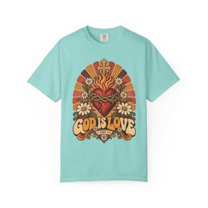 Retro Bible Verse Tee, 1 John 4 8 Sacred Heart Sunburst, Vintage Christian Gift for Mom, Boho Floral Scripture Apparel, Comfort Colors image 6