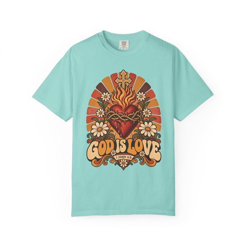 Retro Bible Verse Tee, 1 John 4 8 Sacred Heart Sunburst, Vintage Christian Gift for Mom, Boho Floral Scripture Apparel, Comfort Colors image 6