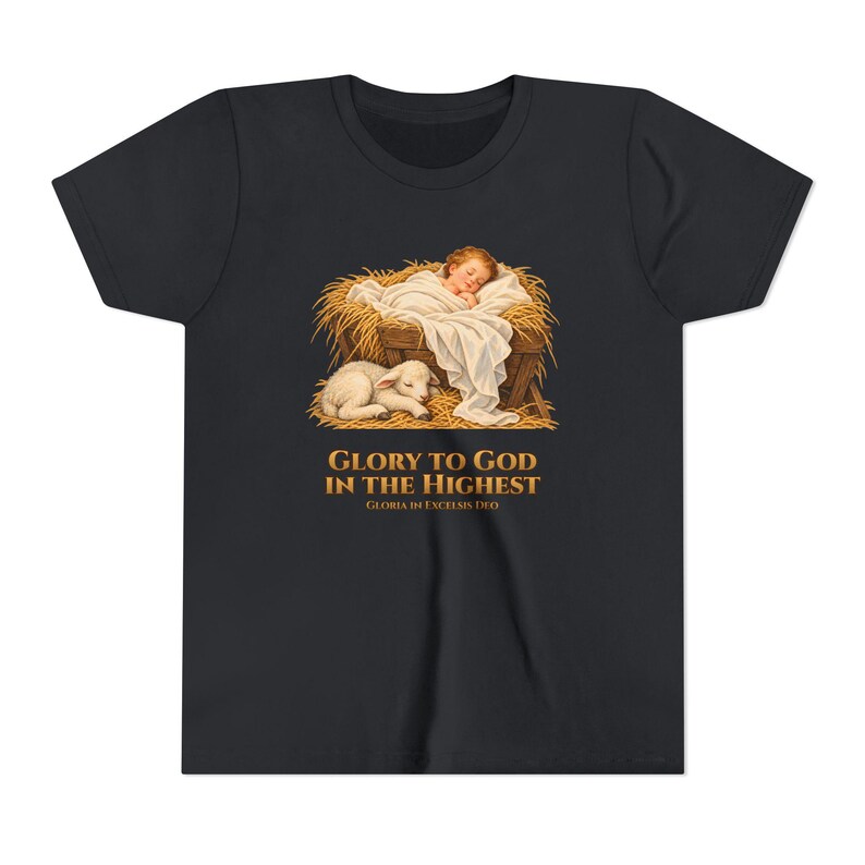 Kids Glory to God in the Highest Shirt, Youth Nativity Christmas Tee, Catholic Christmas Gift for Kids, Baby Jesus in the Manger image 8
