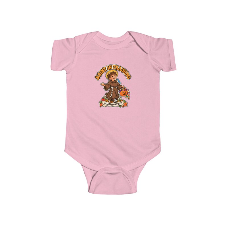 Baby-Body mit St.-Franziskus-Motiv, katholisches Geschenk zum ersten Halloween, Kürbis mit Blaumeisenmotiv Bild 4