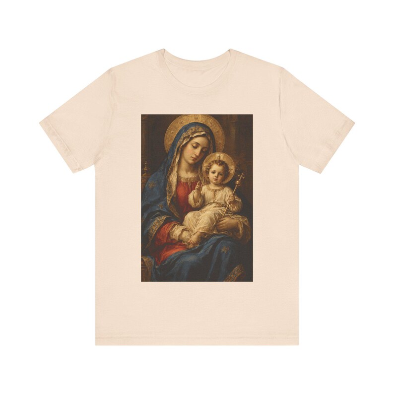 Virgin Mary Shirt, Enthroned Madonna and Child Old Master Painting, Blessed Mother Gift for Mom, Renaissance Catholic Art Tee, Marian Top image 4