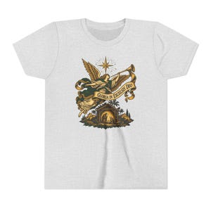 Camiseta infantil del Ángel de la Natividad, Camiseta juvenil Gloria in Excelsis Deo, Regalo católico de Navidad para niños, Representación navideña de la Estrella de Belén imagen 2