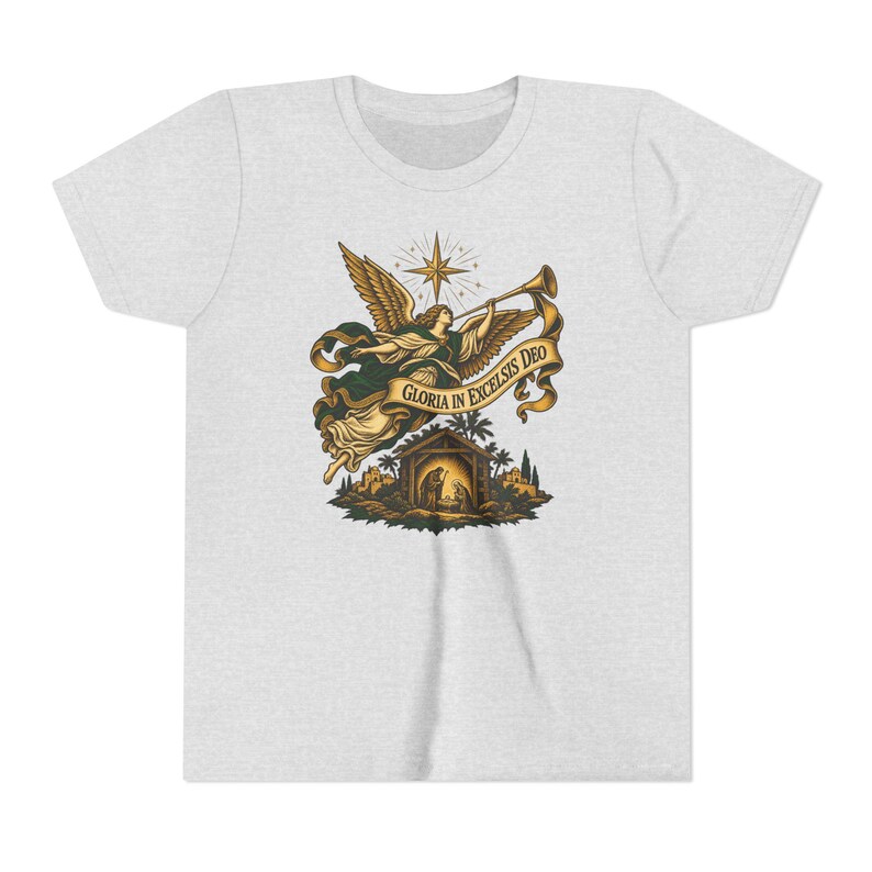 Camiseta infantil del Ángel de la Natividad, Camiseta juvenil Gloria in Excelsis Deo, Regalo católico de Navidad para niños, Representación navideña de la Estrella de Belén imagen 2