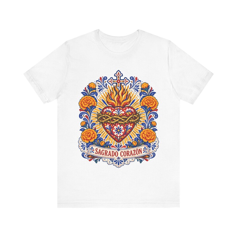 Sacred Heart Shirt, Sagrado Corazón Mexican Folk Art Tee, Talavera Style Catholic Gift for Latina Women, Regalo Católico, Hispanic Faith image 4