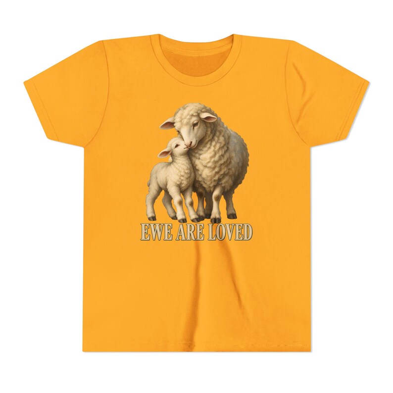 Kids Ewe Are Loved Shirt, Youth Lamb Tee, Sweet Christian Gift for Kids, Vintage Ewe and Lamb Painting image 4
