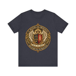 St Michael the Archangel Crest Shirt, Defend Us in Battle Tee, Winged Shield Scales and Sword, Catholic Men's Gift, Police Patron Apparel image 6