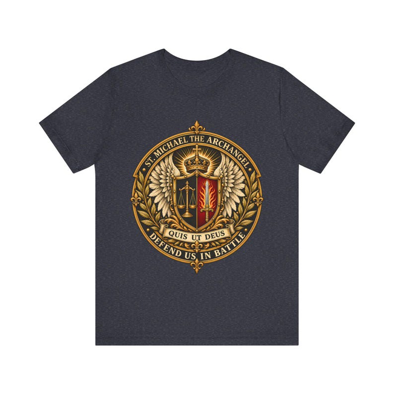 St Michael the Archangel Crest Shirt, Defend Us in Battle Tee, Winged Shield Scales and Sword, Catholic Men's Gift, Police Patron Apparel image 6