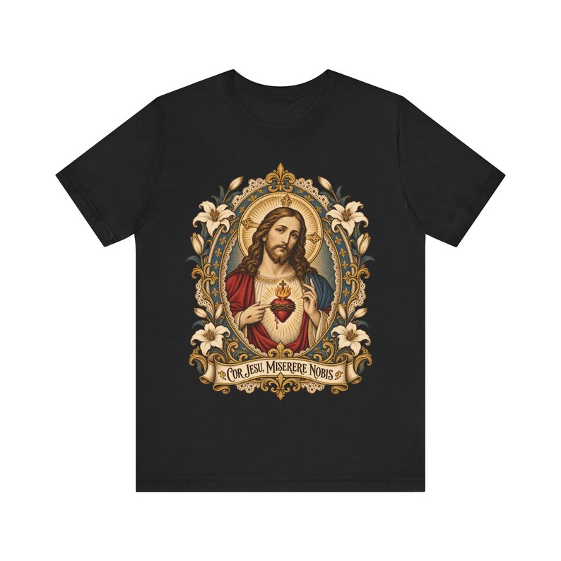 Jesu heliga hjärtas porträttskjorta, Cor Jesu Miserere Nobis helig kortskjorta, Batoni-stil katolsk konst med liljor, kristen gåva för män bild 3