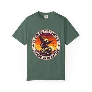 Retro St Michael Badge Tee, Defend Us in Battle Sunset, Archangel Slaying Dragon, Vintage Catholic Shirt, Men's Gift, Comfort Colors image 6