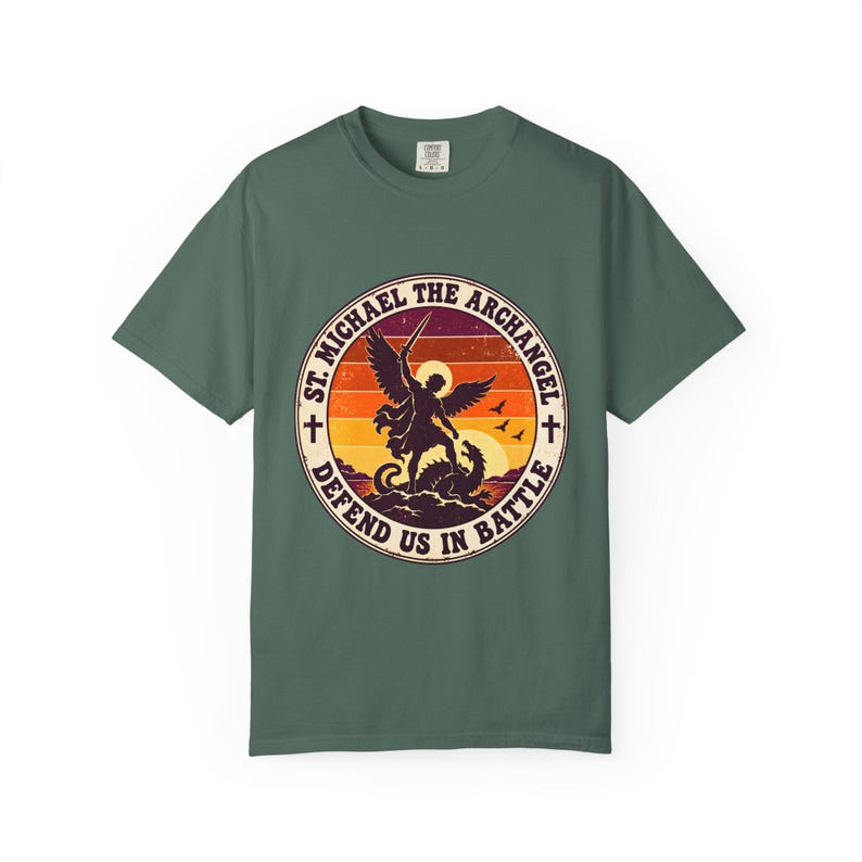 Retro St Michael Badge Tee, Defend Us in Battle Sunset, Archangel Slaying Dragon, Vintage Catholic Shirt, Men's Gift, Comfort Colors image 6