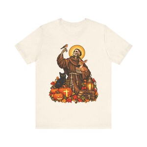 Skeleton St Francis Shirt | Catholic Halloween T-Shirt | Animal Lover Gift | Spooky Saint with Deer and Cat image 2