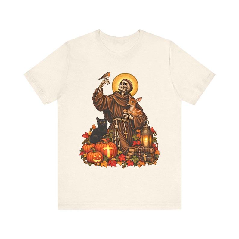 Skeleton St Francis Shirt | Catholic Halloween T-Shirt | Animal Lover Gift | Spooky Saint with Deer and Cat image 2