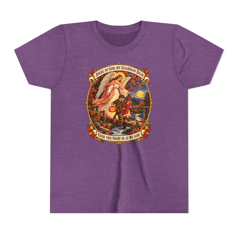 Camiseta infantil con la oración del Ángel de Dios, camiseta juvenil del Ángel Guardián, regalo católico para niños "Mi querido Guardián", arte vintage de puente otoñal. imagen 19