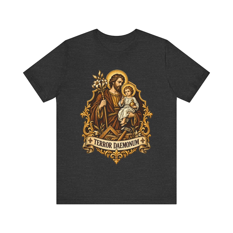 St Joseph Shirt | Catholic T-Shirt | Gift for Dad or Godfather | Terror of Demons with Child Jesus and Lily image 6