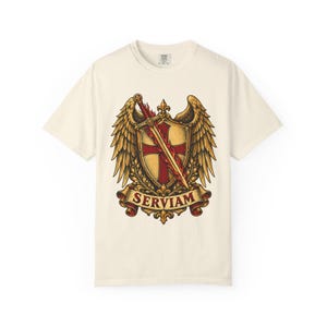 Saint Michael Heraldic Crest Tee, Golden Winged Shield, I Will Serve, Defend Us in Battle Gift for Veteran or Police, Comfort Colors image 2