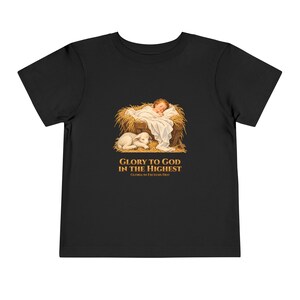 Toddler Glory to God in the Highest Tee, Nativity Christmas Shirt, Catholic Christmas Gift for Toddlers, Baby Jesus and Lamb image 3