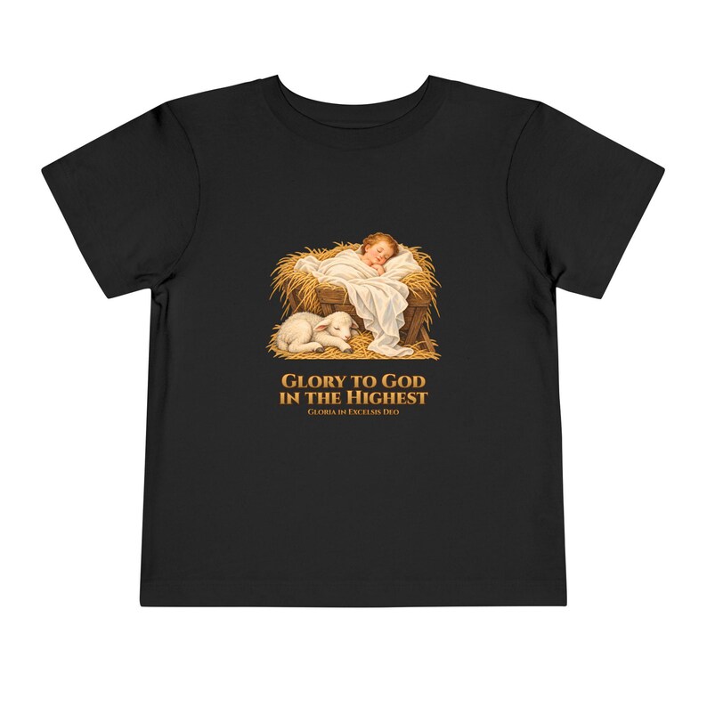 Toddler Glory to God in the Highest Tee, Nativity Christmas Shirt, Catholic Christmas Gift for Toddlers, Baby Jesus and Lamb image 3